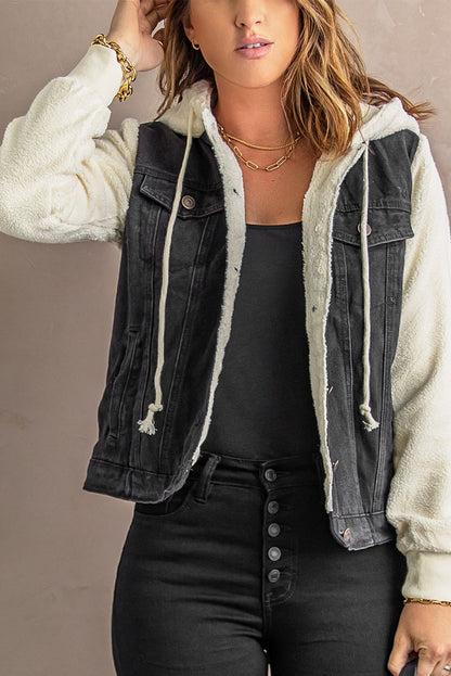 Two-Tone Spliced Denim Sherpa Hooded Jacket Trendsi