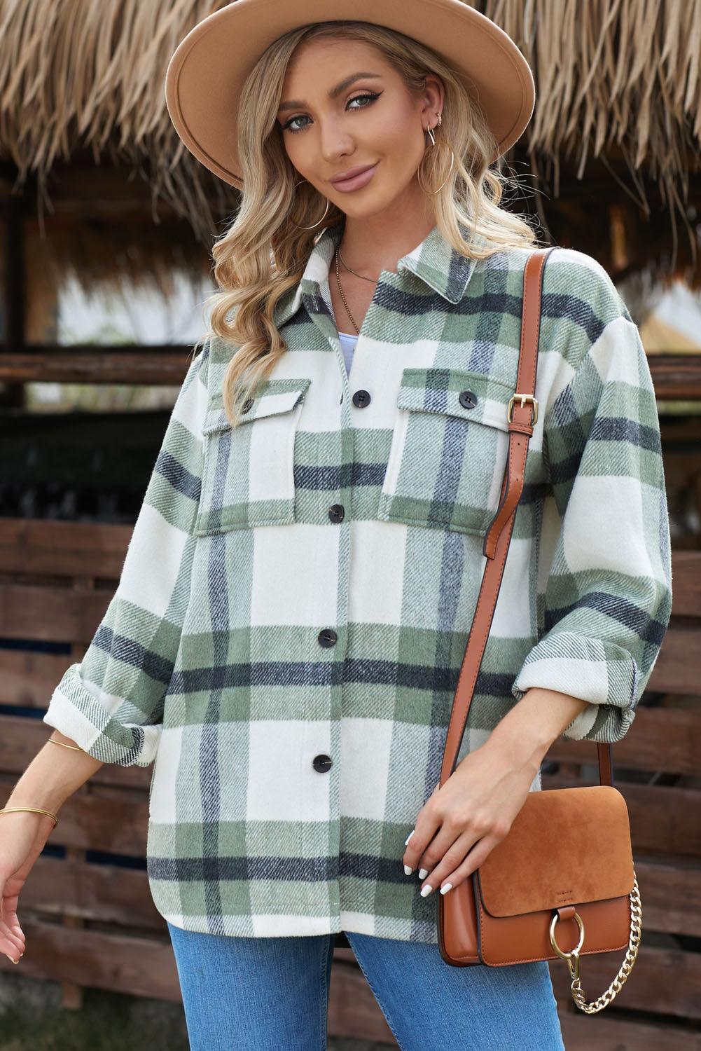 Plaid Dropped Shoulder Pocket Shacket Trendsi