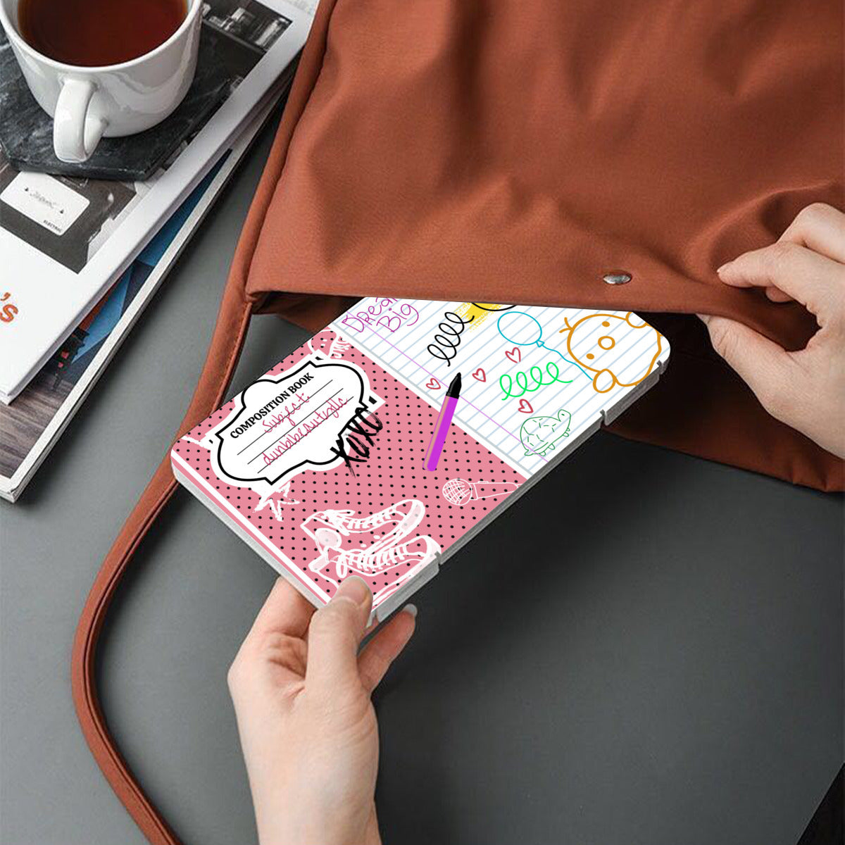 Mask Storage Box｜Plastic - Back to School, Composition Notebook Style, Doodles, Scribbles, Writing, Girl, Pink (Designed by Dunbi)