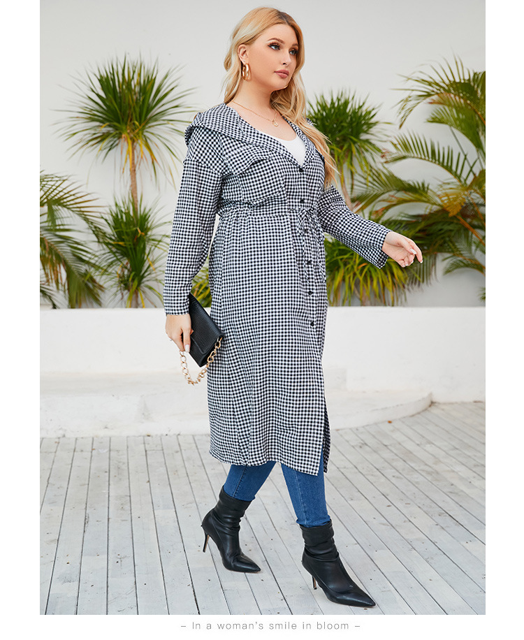 Plus Size Plaid Belted Hooded Long Coat Kiwidrop