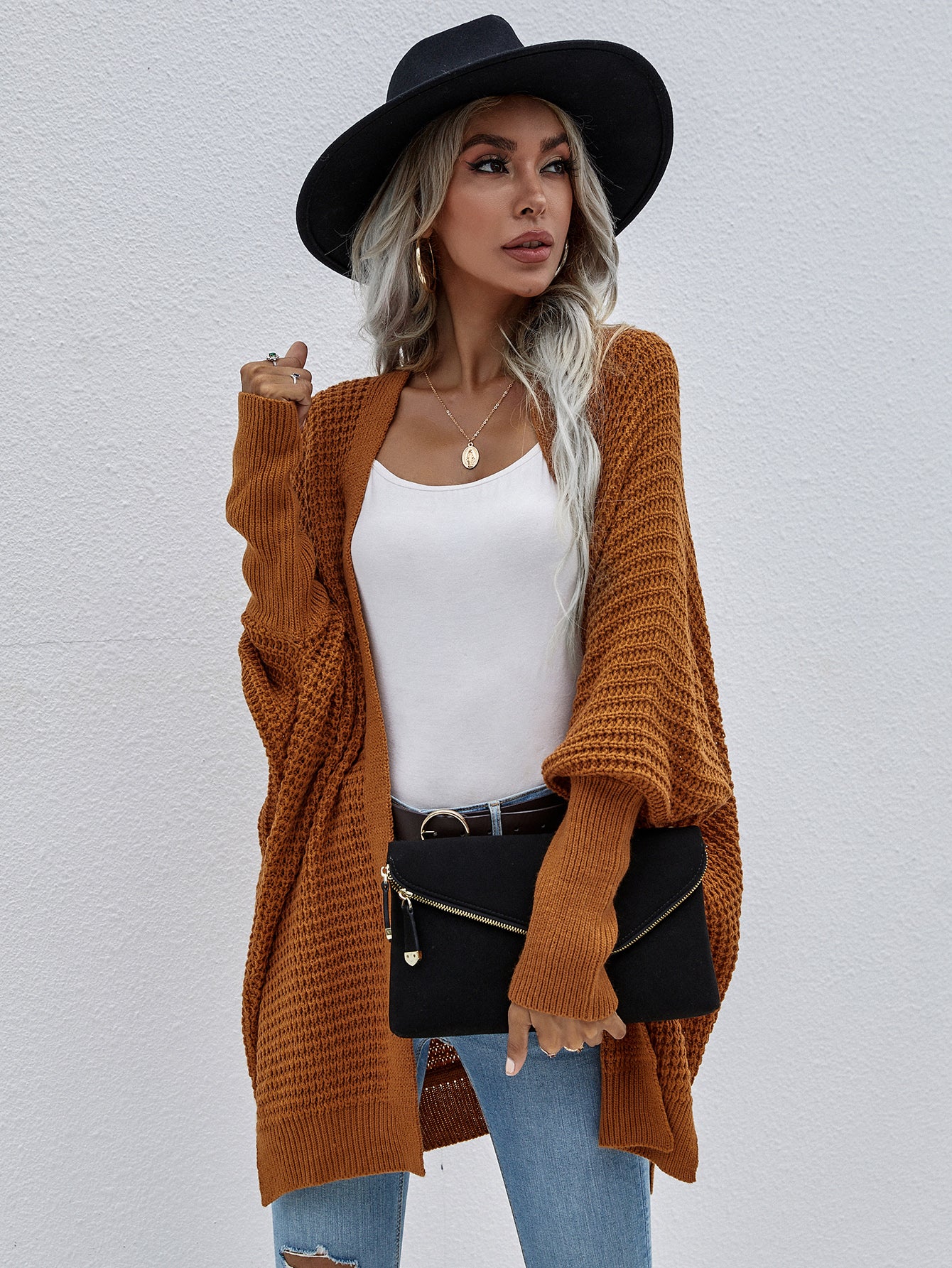 Waffle Knit Open Front Cardigan Trendsi