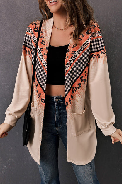 Leopard Plaid Open Front Longline Cardigan with Pockets