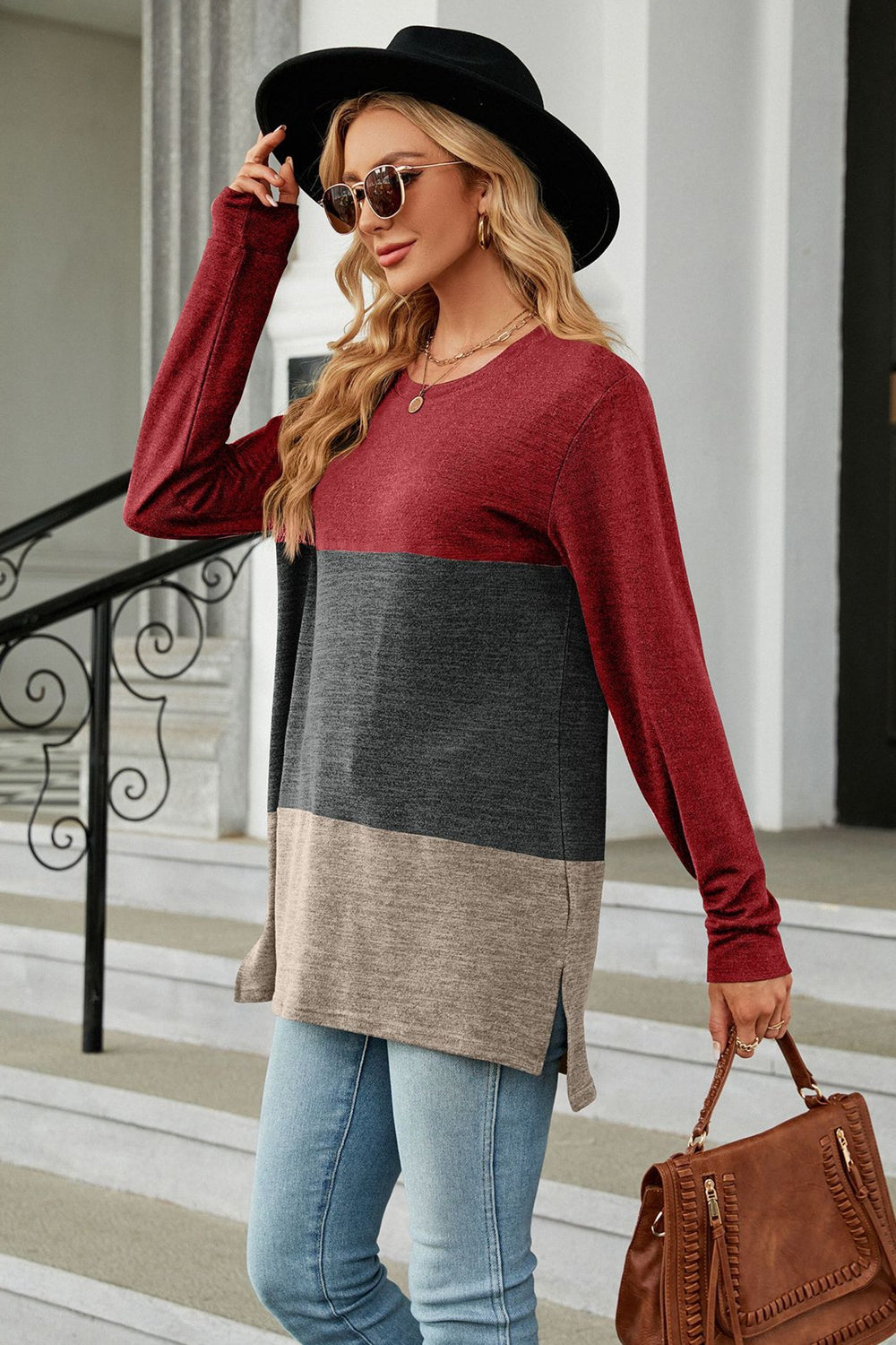 Color Block Round Neck Long Sleeve Slit T-Shirt