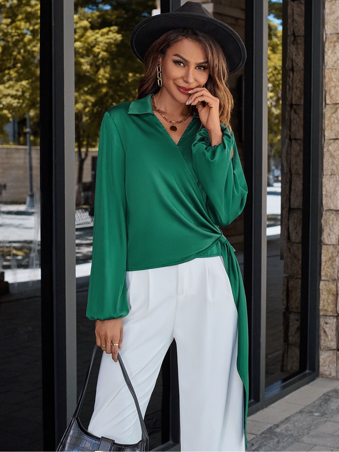 Surplice Neck Long Sleeve Blouse