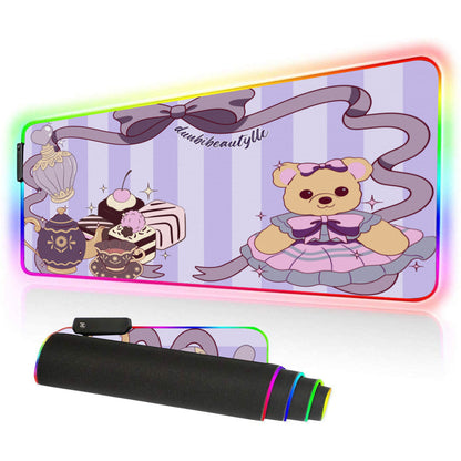 Illuminated Mouse Pad｜Rubber - Cute Teddy Bear, Tea Party, Ribbon, Bows, Cakes, Cute, Victorian, Doll, Cute Girl, Purple Style 1, Stripes (Designed by Dunbi)