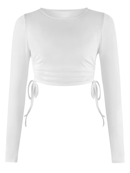 Drawstring Round Neck Long Sleeve Top