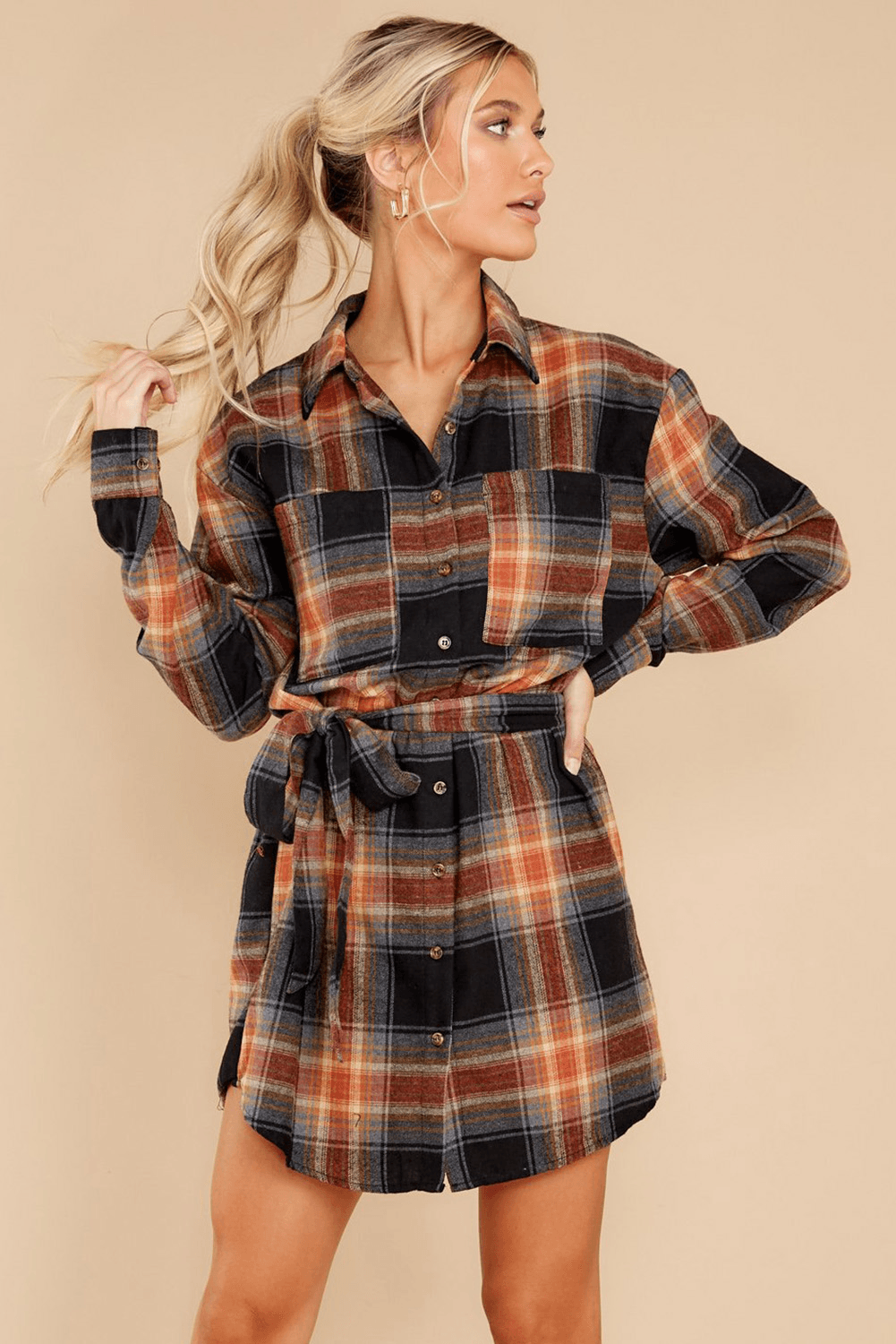 Plaid Chest Pocket Shirt Mini Dress With Belt Kiwidrop