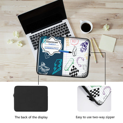 Laptop Padded Lined Bag｜Polyester -Back to School, Composition Notebook Style, Doodles, Scribbles, Writing, Boy, Blue (Designed by Dunbi)