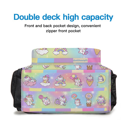 Student Schoolbag (Multi-sided design) | Polyester -Kawaii Unicorn, Pastel Rainbow, Clouds, Pink, Purple, Blue, Yellow, Sleepy Unicorn, Hungry Unicorn, Moon, Candy, Donuts, Ice Cream (Designed by Dunbi)