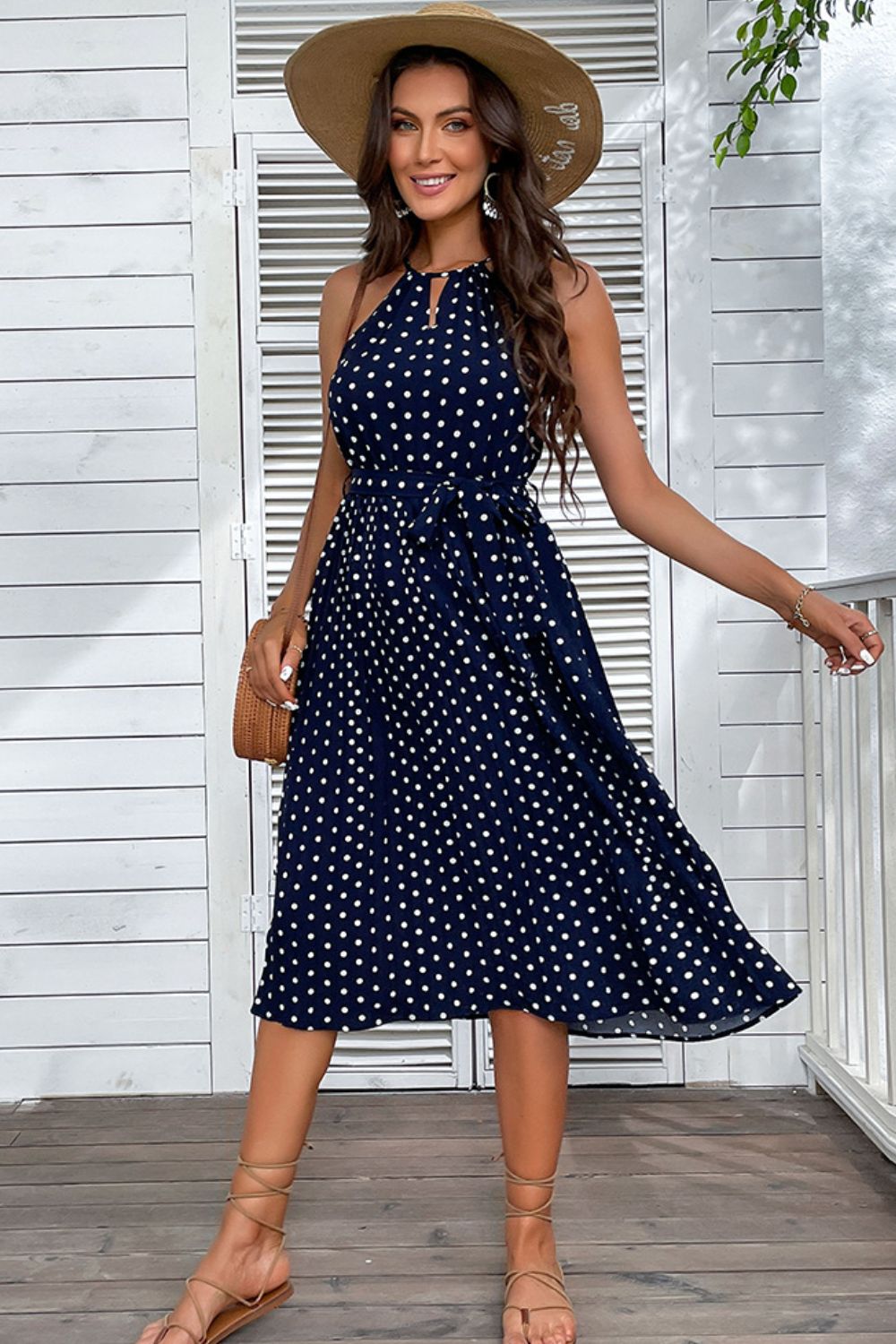 Polka Dot Tie-Waist Sleeveless Midi Dress Trendsi