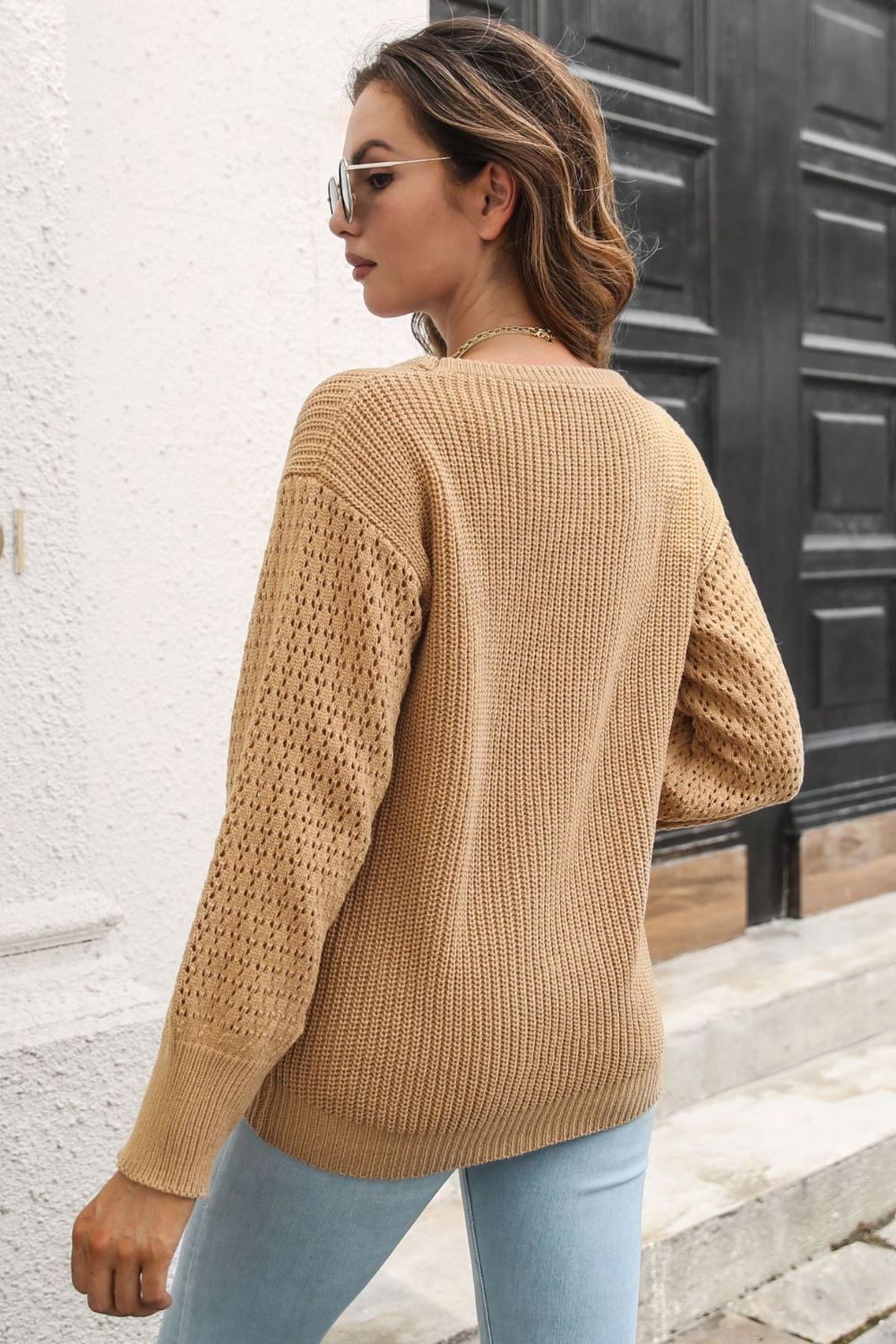 Ribbed Openwork Sleeve Round Neck Pullover Sweater