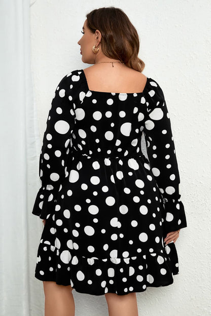 Plus Size Polka Dot Sweetheart Neck Flounce Sleeve Mini Dress