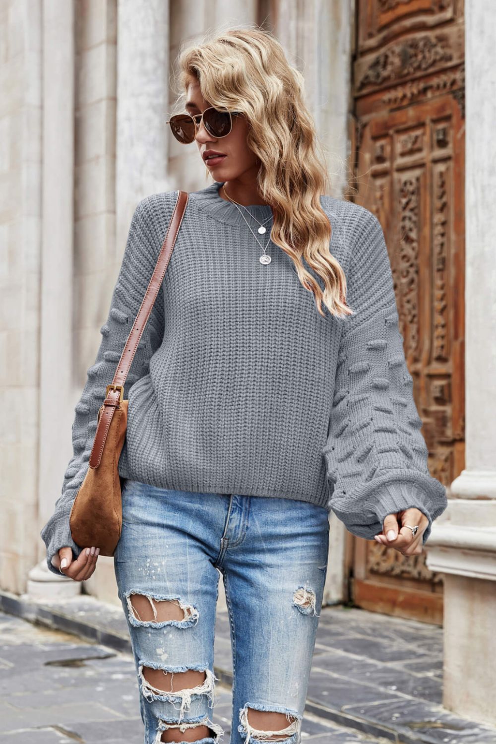 Weekend Style Rib-Knit Dropped Shoulder Sweater Trendsi