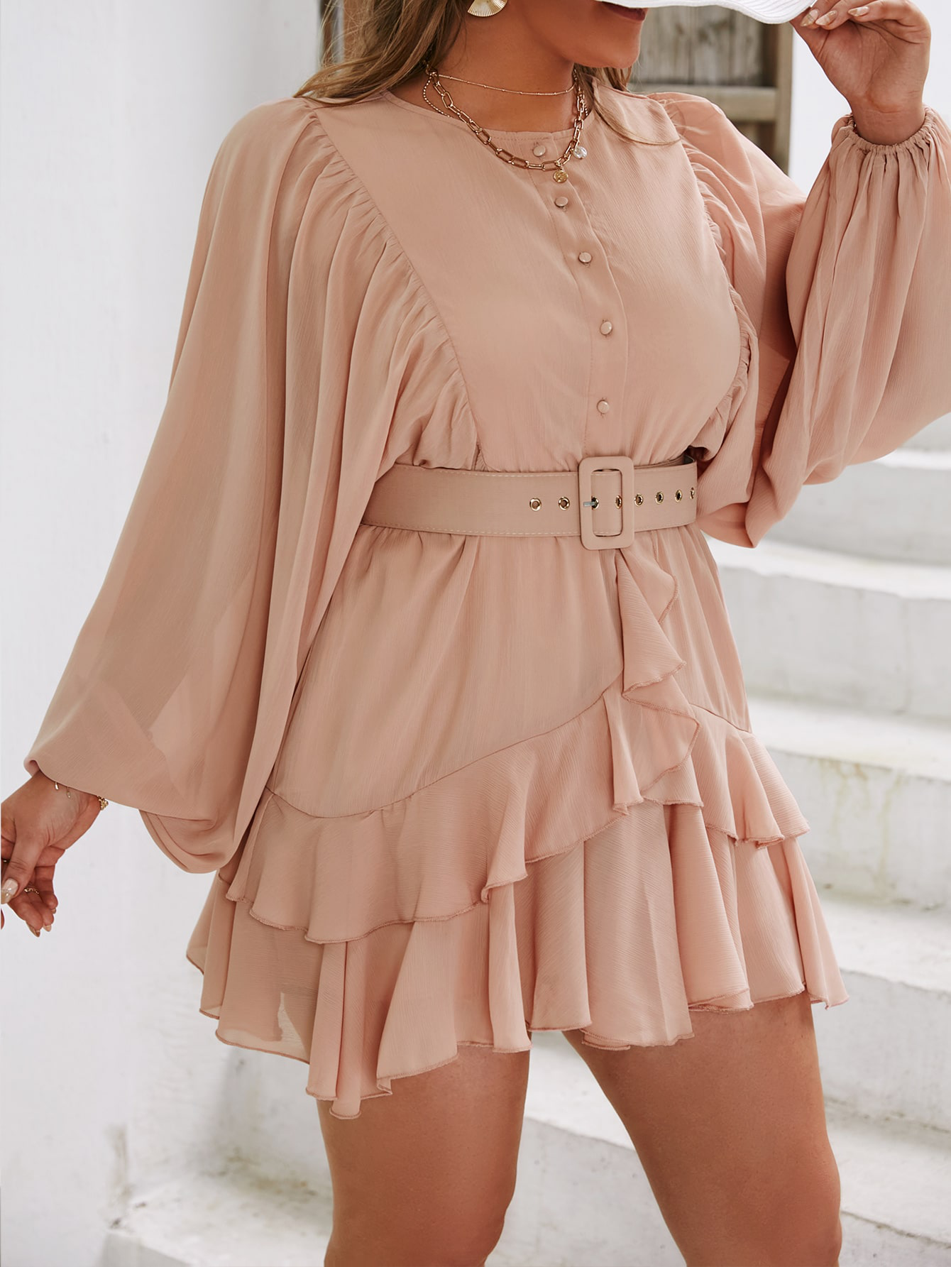 Plus Lantern Sleeve Ruffle Hem Belted Dress Kiwidrop