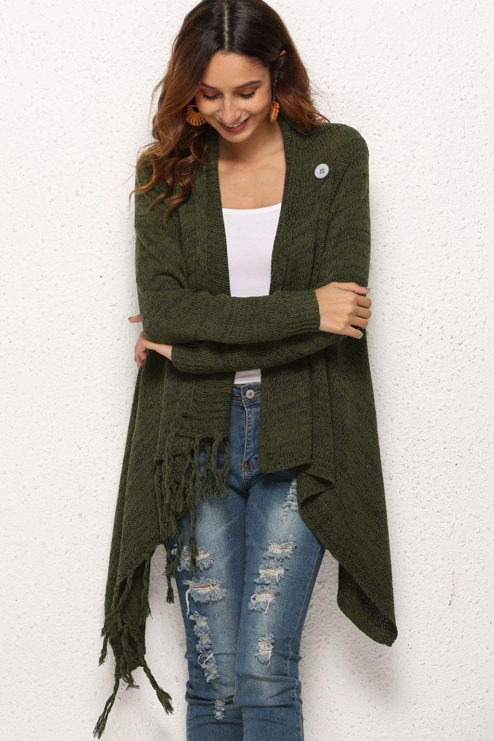 One-Button Tassel Tie Asymmetrical Hem Cardigan Trendsi