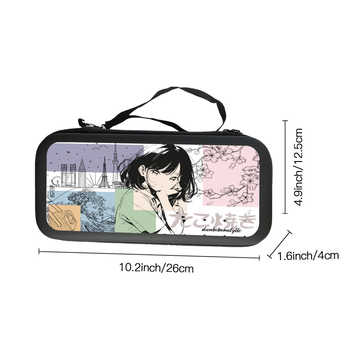 Nintendo Switch Storage Bag (Double-Sided Printing)｜Eva Material -Japanese, Japan, Girl, Kawaii, Cute, Anime, Manga Style, Peace, Sushi, Tokyo, Cherry Blossoms (Designed by Dunbi)