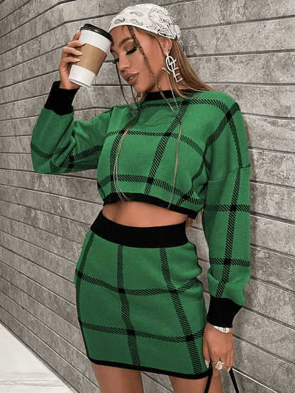 Plaid Crop Sweater & Knit Skirt Set Kiwidrop