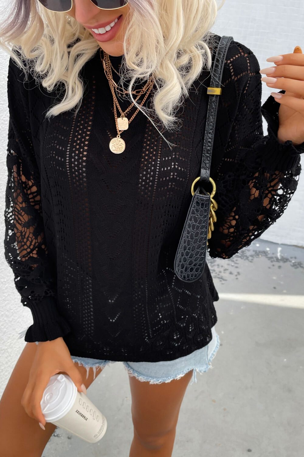 Spliced Lace Crochet Sleeve Sweater Trendsi