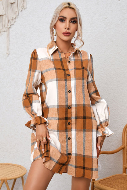 Plaid Collared Neck Flounce Sleeve Shirt Dress