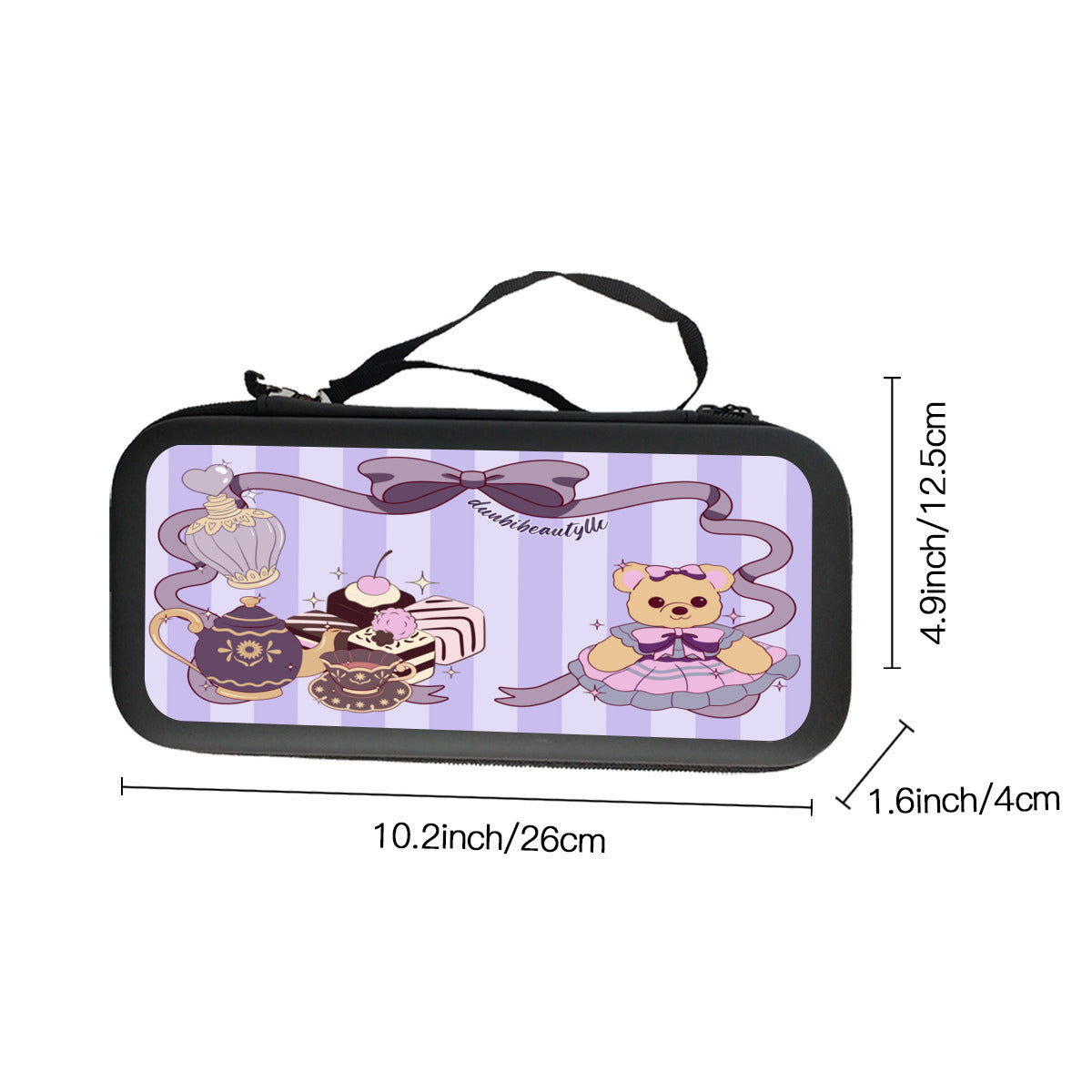 Nintendo Switch Storage Bag (Double-Sided Printing)｜Eva Material - Cute Teddy Bear, Tea Party, Ribbon, Bows, Cakes, Cute, Victorian, Doll, Cute Girl, Purple Style 1, Stripes (Designed by Dunbi)