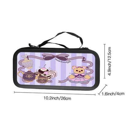 Nintendo Switch Storage Bag (Double-Sided Printing)｜Eva Material - Cute Teddy Bear, Tea Party, Ribbon, Bows, Cakes, Cute, Victorian, Doll, Cute Girl, Purple Style 1, Stripes (Designed by Dunbi)