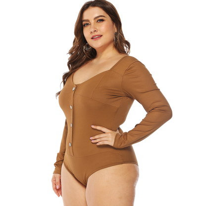 Plus Size Brown Ribbed Buttoned Backless Bodysuit Kiwidrop