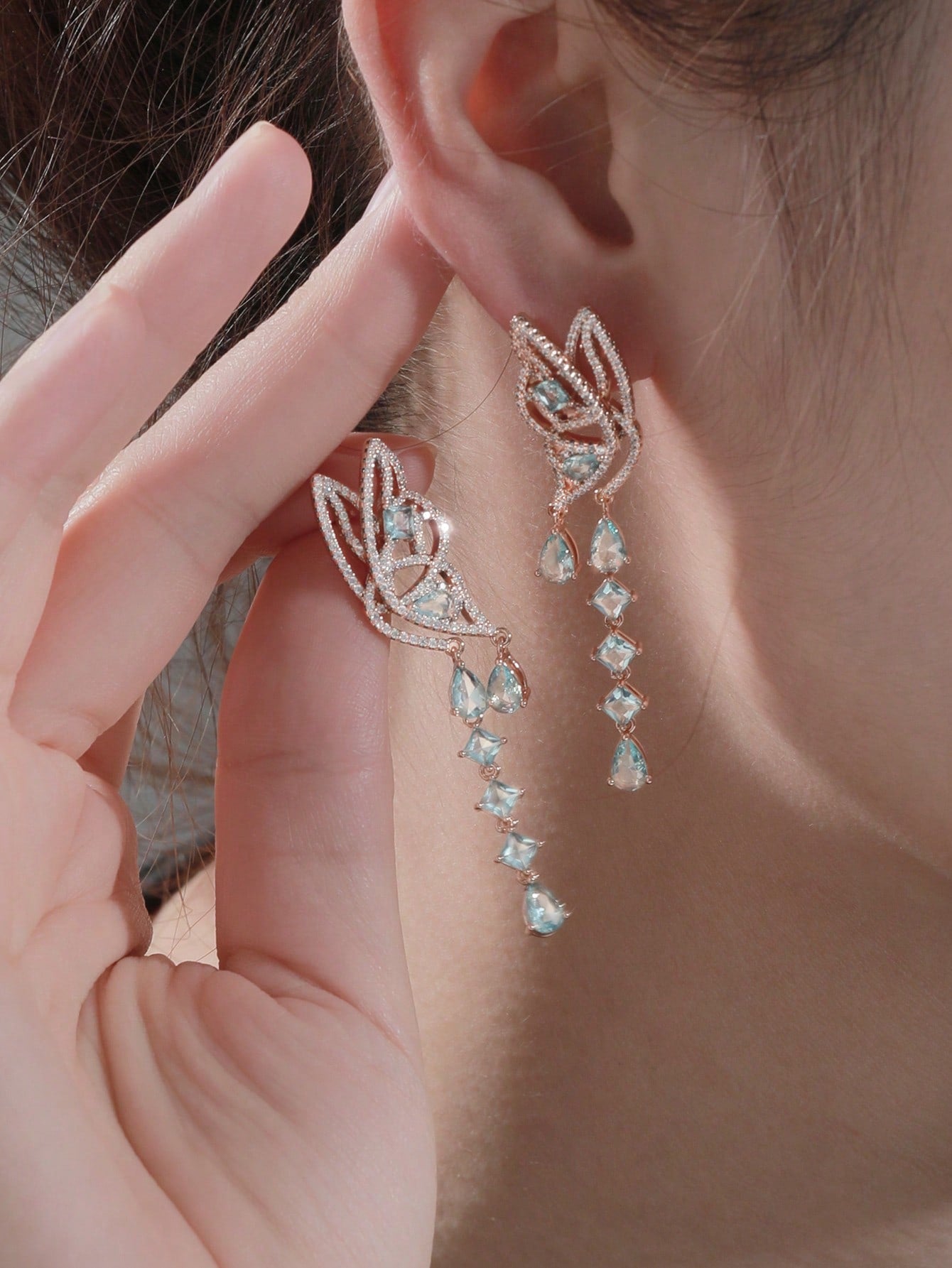 A pair of light luxury fashion design sense of temperament high-grade micro-inset zircon plated 18K gold women butterfly earrings dating daily party dinner wear