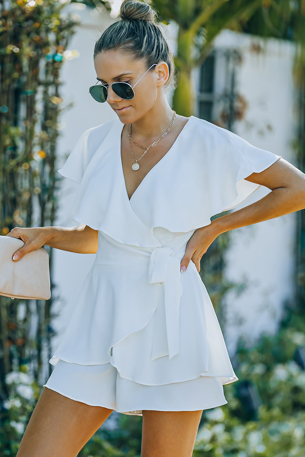 Tie-Waist Surplice Layered Romper Trendsi