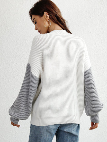 Two-Tone Rib-Knit Dropped Shoulder Sweater Trendsi