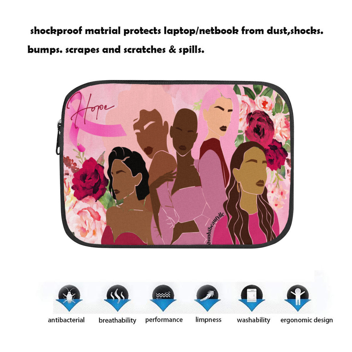 Customized Computer Liner Bags｜Polyester -Unity, Hope, Pink, Hot Pink, Burgundy, Roses, Breast Cancer Awareness, Women, Black, Hispanic, White, Hair, Smooth (Designed by Dunbi)