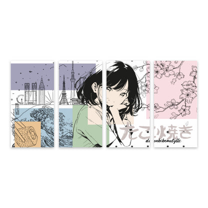 Quadriptych Decorative Painting Monogram Design (1:2)｜Japanese, Japan, Girl, Kawaii, Cute, Anime, Manga Style, Peace, Sushi, Tokyo, Cherry Blossoms (Designed by Dunbi)