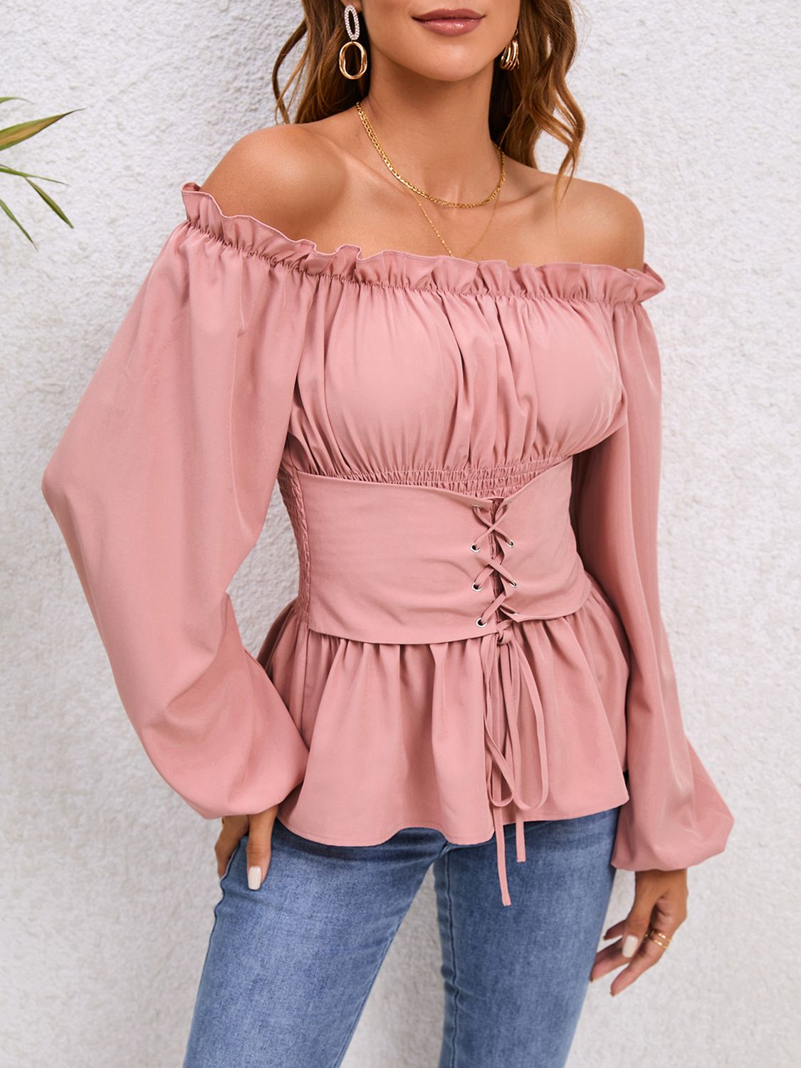 Lace-Up Balloon Sleeve Off-Shoulder Blouse