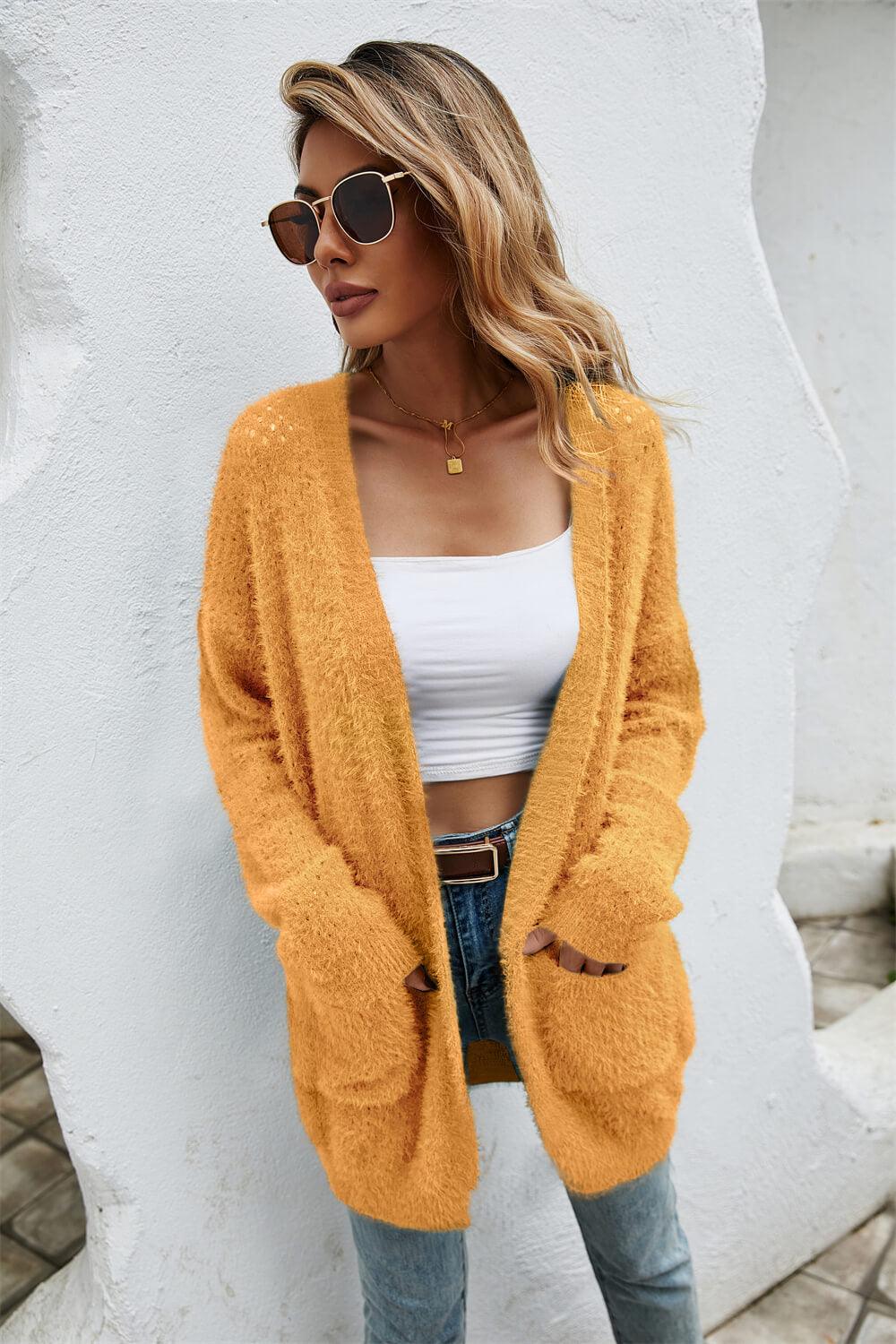 Open Front Openwork Fuzzy Cardigan with Pockets Trendsi