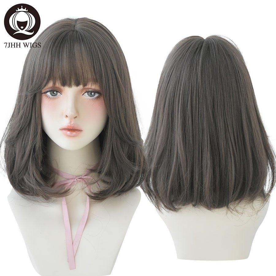 7JHH WIGS Natural Comfortable Synthetic Wig for Women Black Shoulder Straight Hair 14 Inch Fashion Hairstyle Wig - DunbiBeauty, LLC