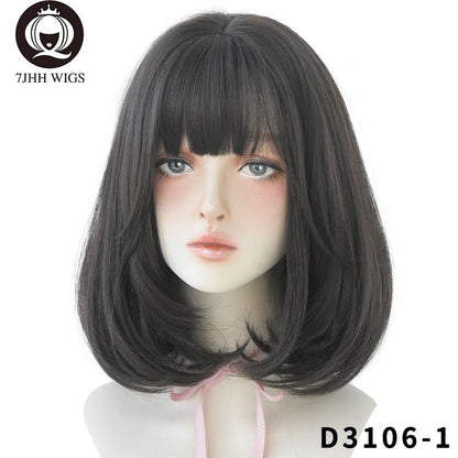 7JHH WIGS Natural Comfortable Synthetic Wig for Women Black Shoulder Straight Hair 14 Inch Fashion Hairstyle Wig - DunbiBeauty, LLC