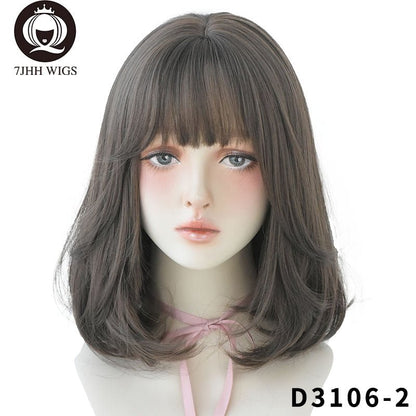 7JHH WIGS Natural Comfortable Synthetic Wig for Women Black Shoulder Straight Hair 14 Inch Fashion Hairstyle Wig - DunbiBeauty, LLC