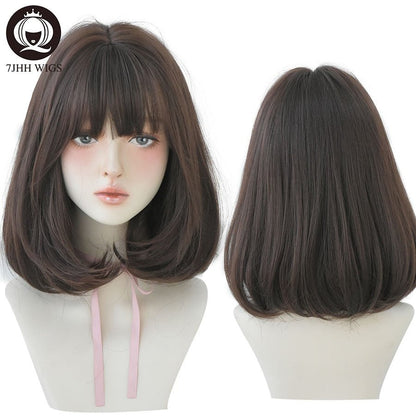 7JHH WIGS Natural Comfortable Synthetic Wig for Women Black Shoulder Straight Hair 14 Inch Fashion Hairstyle Wig - DunbiBeauty, LLC