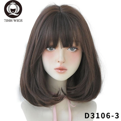 7JHH WIGS Natural Comfortable Synthetic Wig for Women Black Shoulder Straight Hair 14 Inch Fashion Hairstyle Wig - DunbiBeauty, LLC