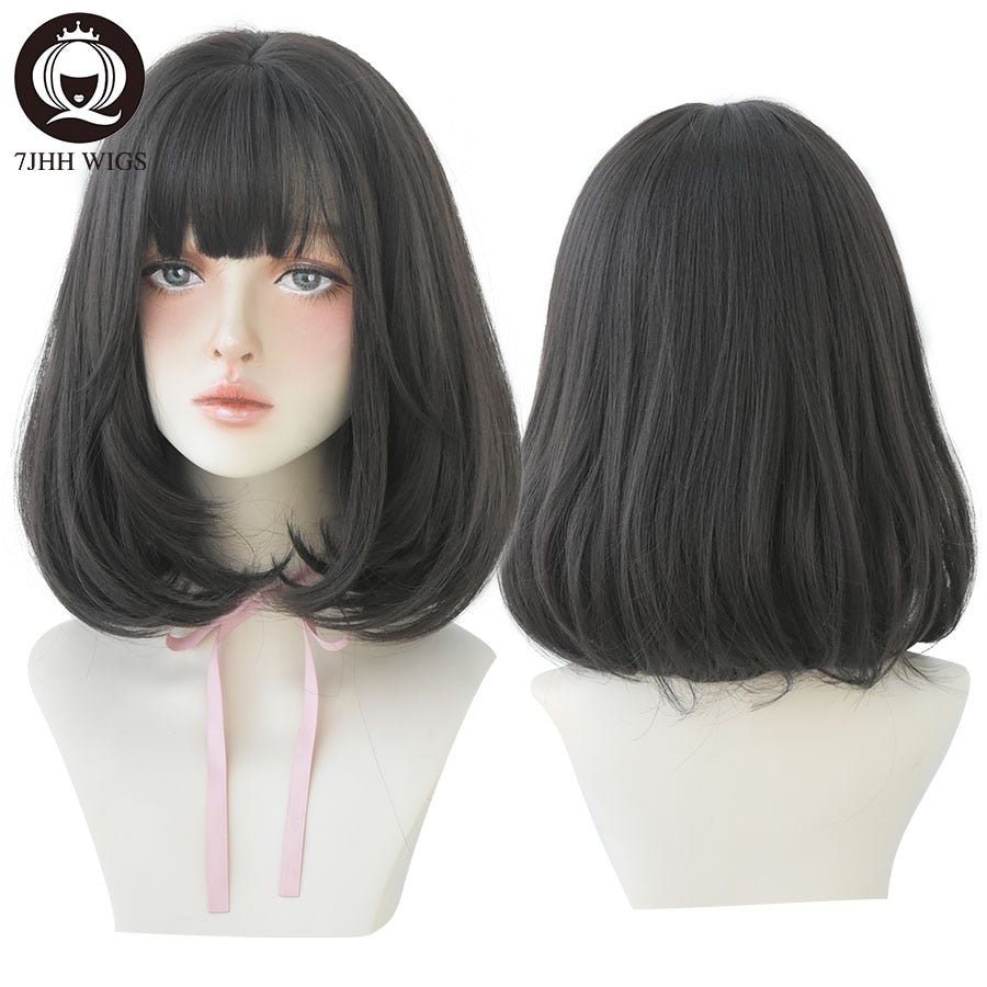 7JHH WIGS Natural Comfortable Synthetic Wig for Women Black Shoulder Straight Hair 14 Inch Fashion Hairstyle Wig - DunbiBeauty, LLC