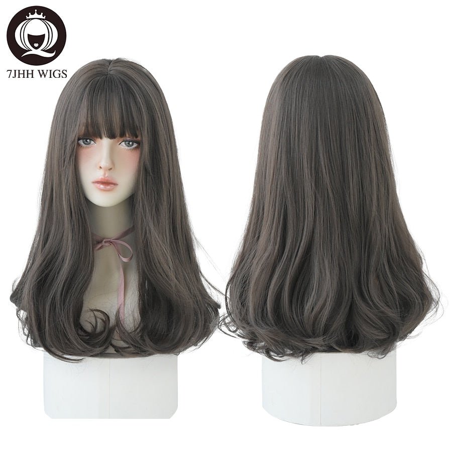 7JHHWIGS Long Wavy Synthetic Black Wigs For Women With Fringe Fashion Heat Resistant Mid-Length Daily Straight Light Brown Hair - DunbiBeauty, LLC