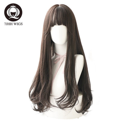 7JHHWIGS Long Wavy Synthetic Black Wigs For Women With Fringe Fashion Heat Resistant Mid-Length Daily Straight Light Brown Hair - DunbiBeauty, LLC