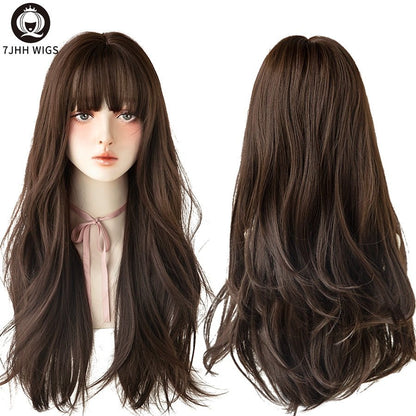 7JHHWIGS Long Wavy Synthetic Black Wigs For Women With Fringe Fashion Heat Resistant Mid-Length Daily Straight Light Brown Hair - DunbiBeauty, LLC