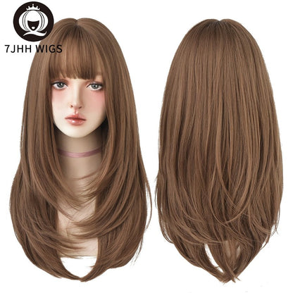 7JHHWIGS Long Wavy Synthetic Black Wigs For Women With Fringe Fashion Heat Resistant Mid-Length Daily Straight Light Brown Hair - DunbiBeauty, LLC