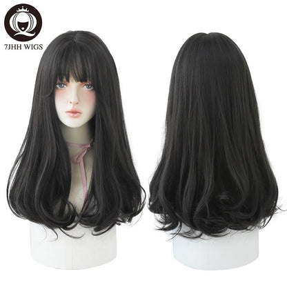 7JHHWIGS Long Wavy Synthetic Black Wigs For Women With Fringe Fashion Heat Resistant Mid-Length Daily Straight Light Brown Hair - DunbiBeauty, LLC