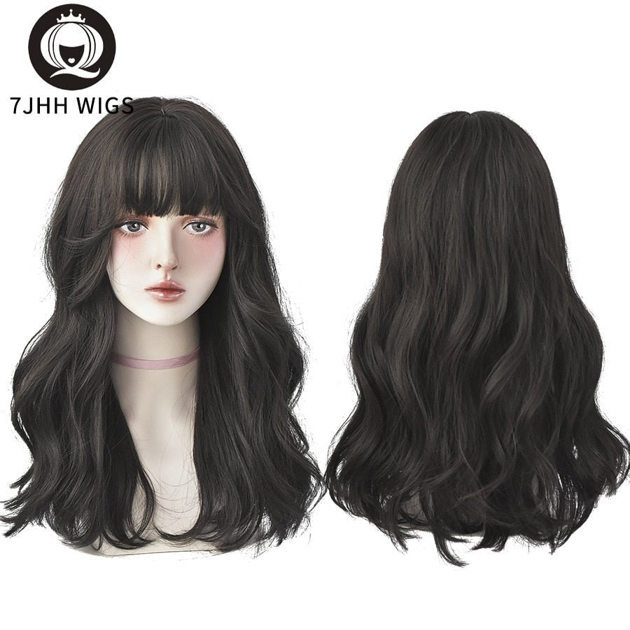 7JHHWIGS Long Wavy Synthetic Black Wigs For Women With Fringe Fashion Heat Resistant Mid-Length Daily Straight Light Brown Hair - DunbiBeauty, LLC