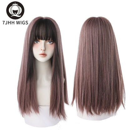 7JHHWIGS Long Wavy Synthetic Black Wigs For Women With Fringe Fashion Heat Resistant Mid-Length Daily Straight Light Brown Hair - DunbiBeauty, LLC