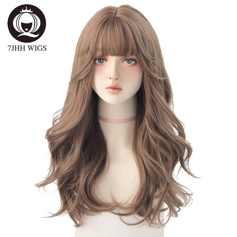 7JHHWIGS Long Wavy Synthetic Black Wigs For Women With Fringe Fashion Heat Resistant Mid-Length Daily Straight Light Brown Hair - DunbiBeauty, LLC