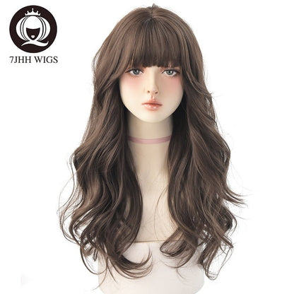 7JHHWIGS Long Wavy Synthetic Black Wigs For Women With Fringe Fashion Heat Resistant Mid-Length Daily Straight Light Brown Hair - DunbiBeauty, LLC