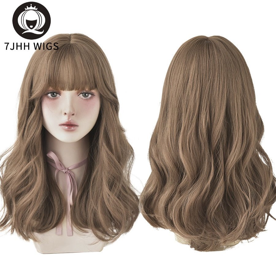 7JHHWIGS Long Wavy Synthetic Black Wigs For Women With Fringe Fashion Heat Resistant Mid-Length Daily Straight Light Brown Hair - DunbiBeauty, LLC