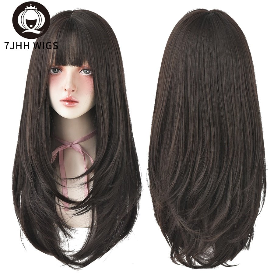 7JHHWIGS Long Wavy Synthetic Black Wigs For Women With Fringe Fashion Heat Resistant Mid-Length Daily Straight Light Brown Hair - DunbiBeauty, LLC